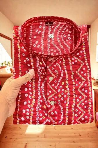  red  bandhej foil print  men's rayon  kurta