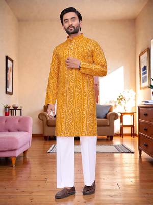  yellow  bandhej foil print  men's rayon  kurta 1