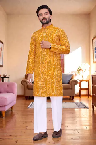  yellow  bandhej foil print  men's rayon  kurta