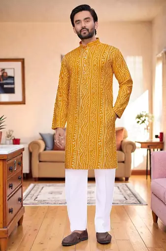  yellow  bandhej foil print  men's rayon  kurta