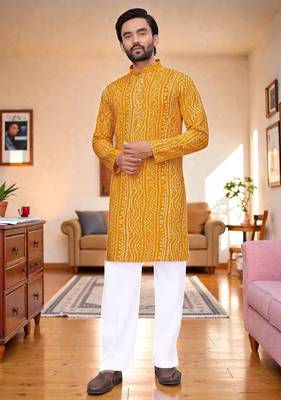  yellow  bandhej foil print  men's rayon  kurta 3