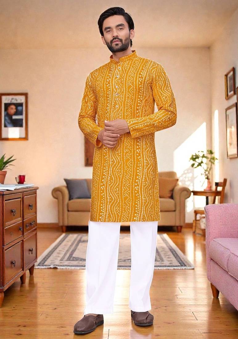  yellow  bandhej foil print  men's rayon  kurta