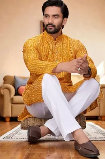  yellow  bandhej foil print  men's rayon  kurta