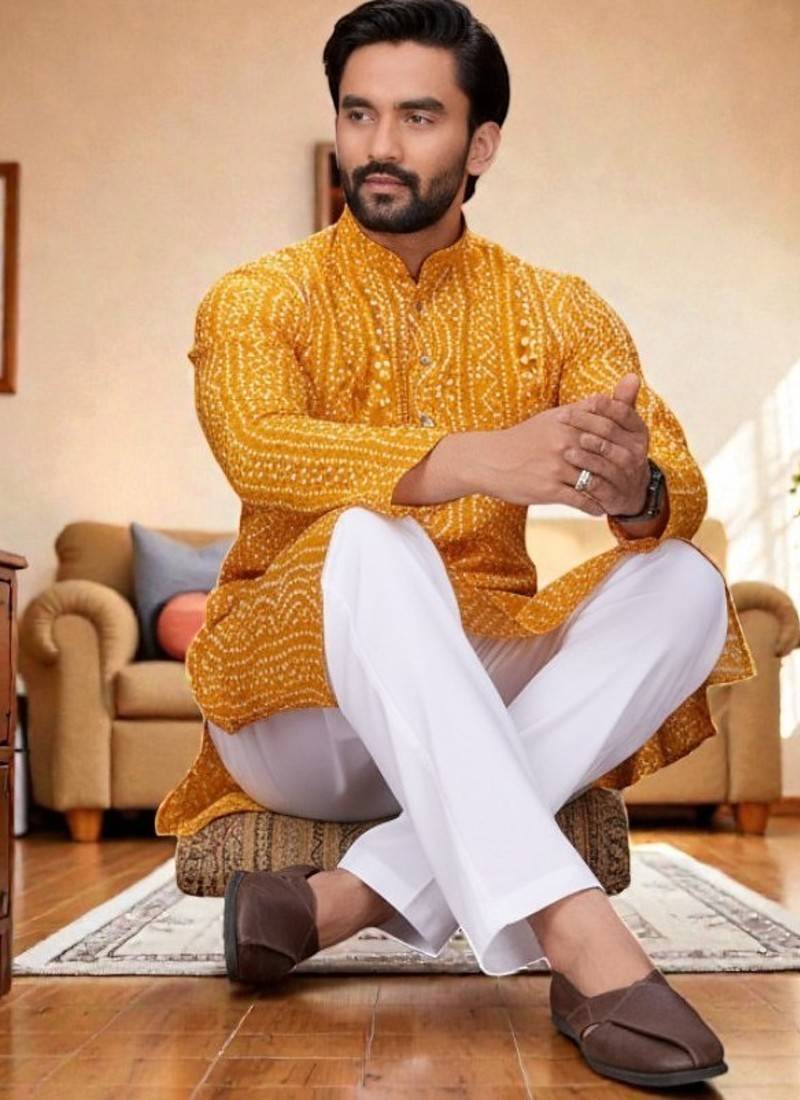  yellow  bandhej foil print  men's rayon  kurta