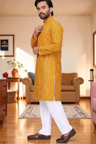  yellow  bandhej foil print  men's rayon  kurta