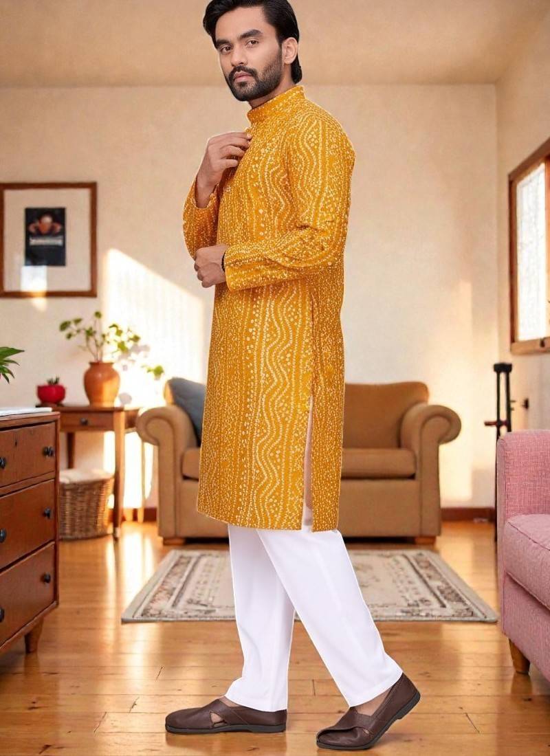  yellow  bandhej foil print  men's rayon  kurta