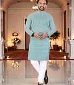  green  chikankari embroidered men's  silk kurta