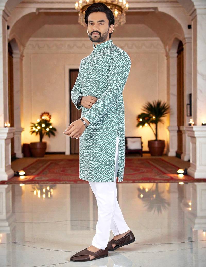  green  chikankari embroidered men's  silk kurta
