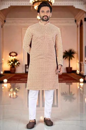  peach  chikankari embroidered men's  silk kurta