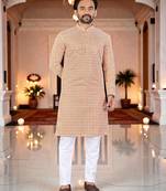  peach  chikankari embroidered men's  silk kurta