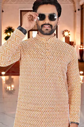  peach  chikankari embroidered men's  silk kurta