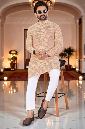  peach  chikankari embroidered men's  silk kurta