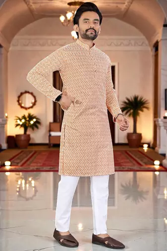  peach  chikankari embroidered men's  silk kurta
