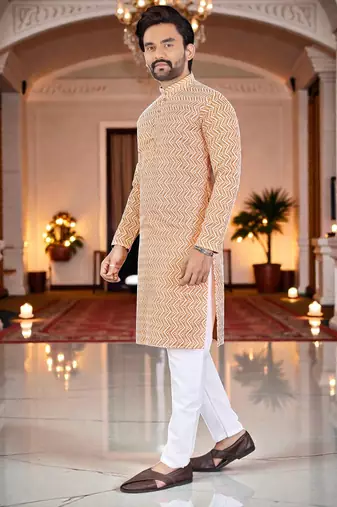  peach  chikankari embroidered men's  silk kurta