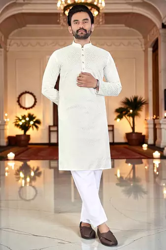  white  chikankari embroidered men's  silk kurta