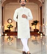  white  chikankari embroidered men's  silk kurta