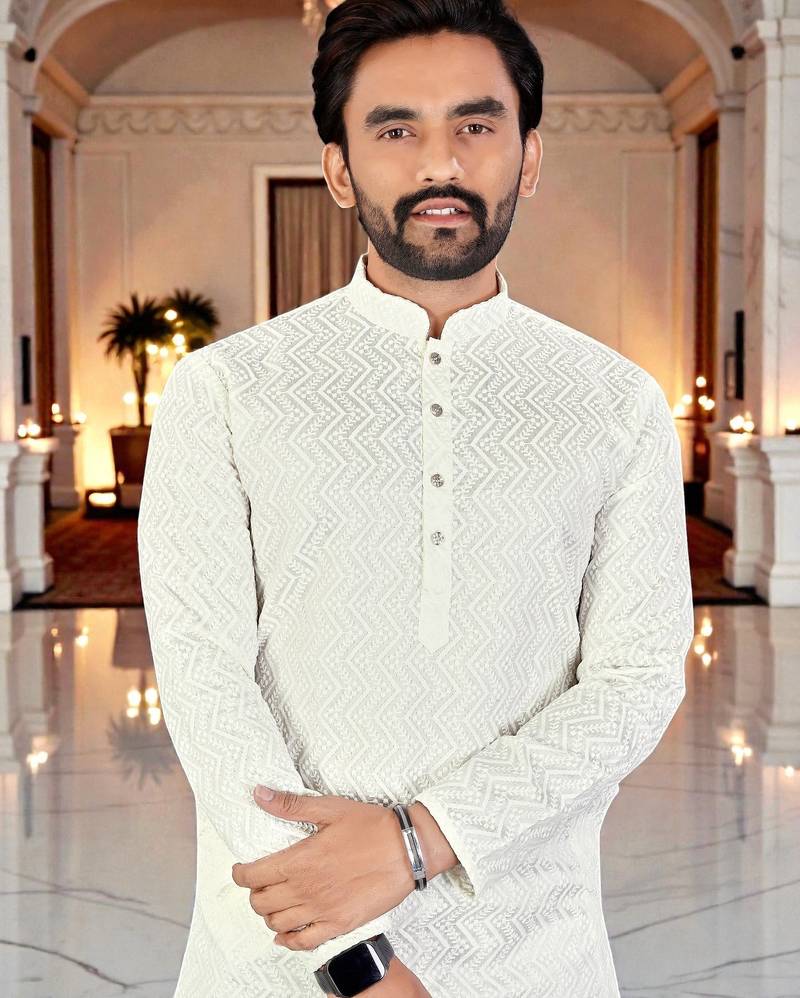  white  chikankari embroidered men's  silk kurta