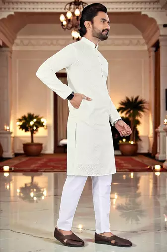  white  chikankari embroidered men's  silk kurta
