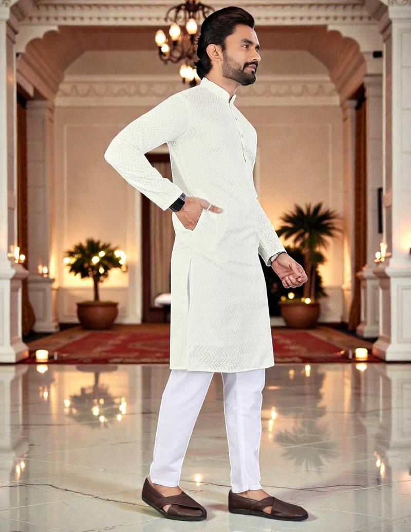  white  chikankari embroidered men's  silk kurta