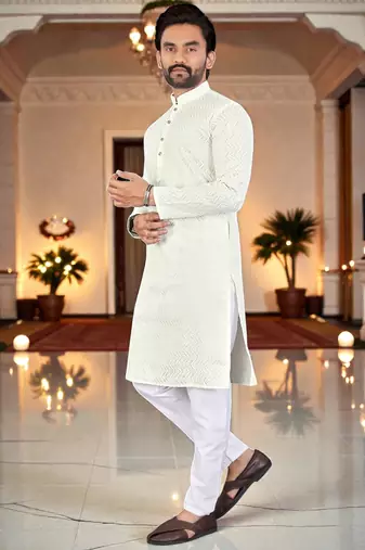  white  chikankari embroidered men's  silk kurta