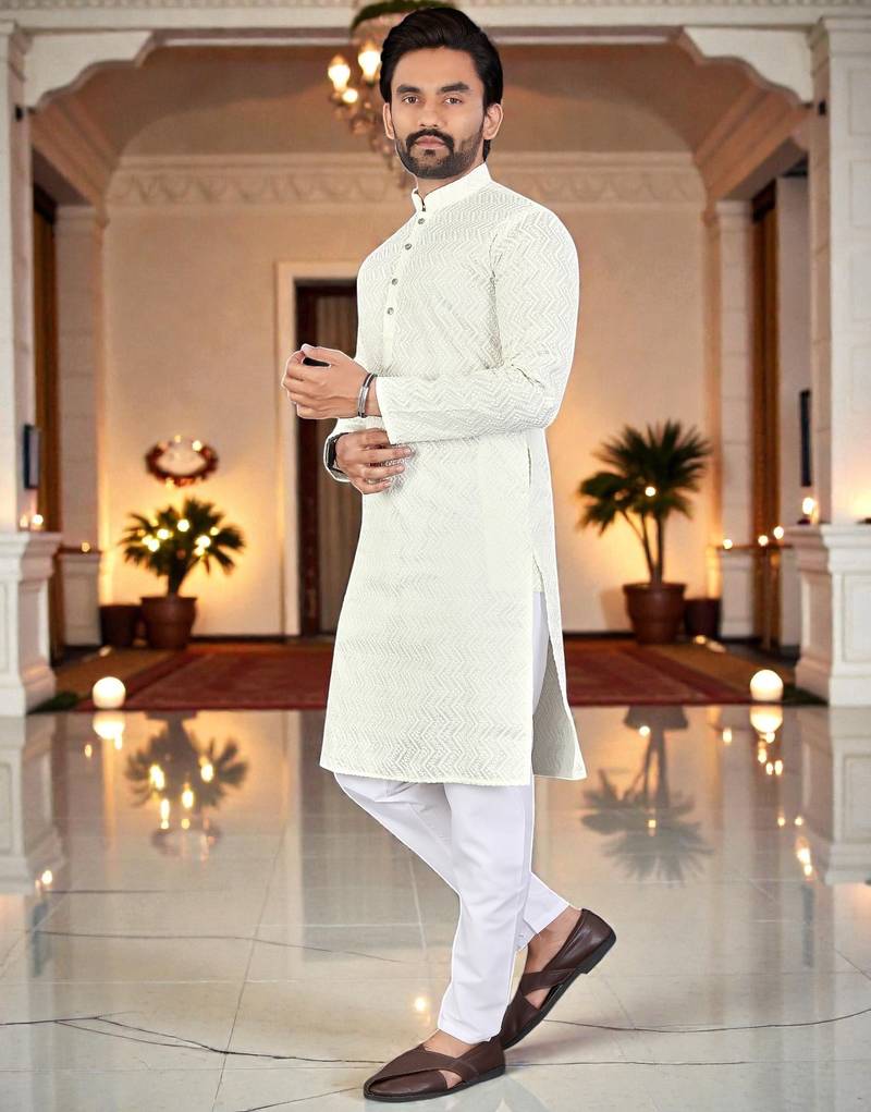  white  chikankari embroidered men's  silk kurta