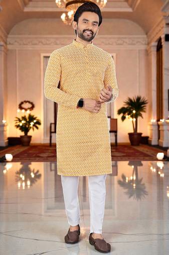  yellow  chikankari embroidered men's  silk kurta