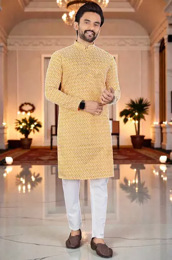  yellow  chikankari embroidered men's  silk kurta