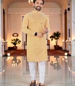  yellow  chikankari embroidered men's  silk kurta