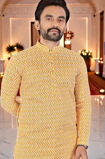  yellow  chikankari embroidered men's  silk kurta