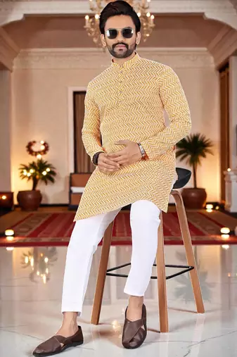  yellow  chikankari embroidered men's  silk kurta