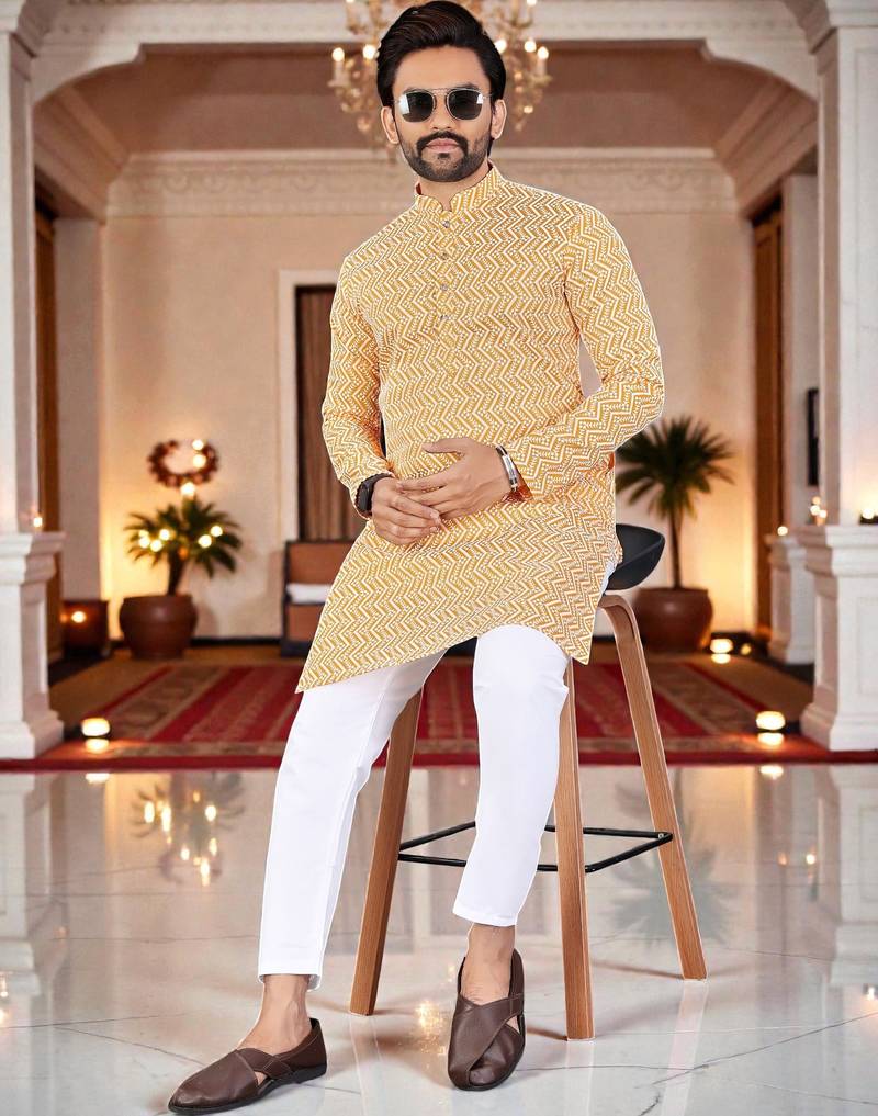  yellow  chikankari embroidered men's  silk kurta