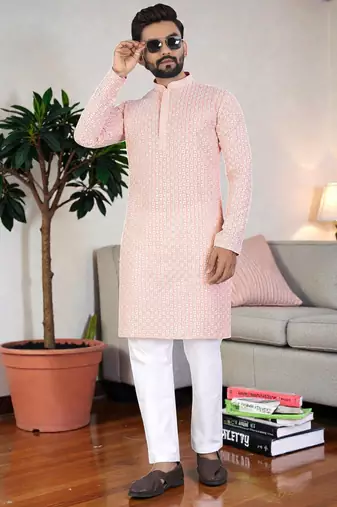 peach chikankari embroidered men's  rayon kurta