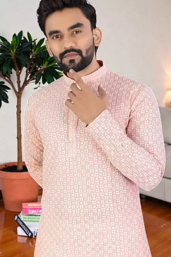 peach chikankari embroidered men's  rayon kurta