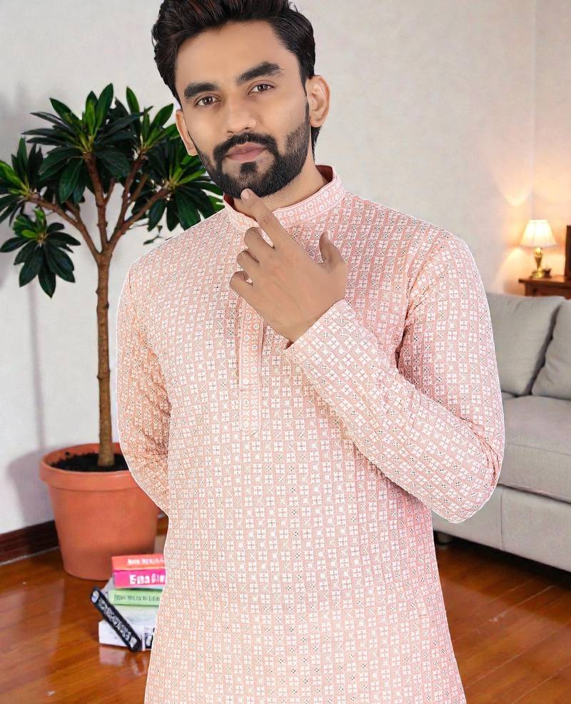 peach chikankari embroidered men's  rayon kurta