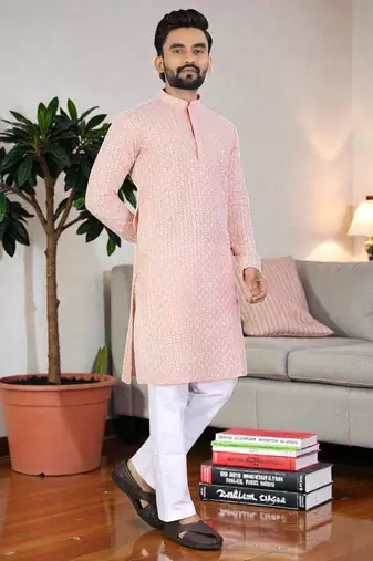 peach chikankari embroidered men's  rayon kurta