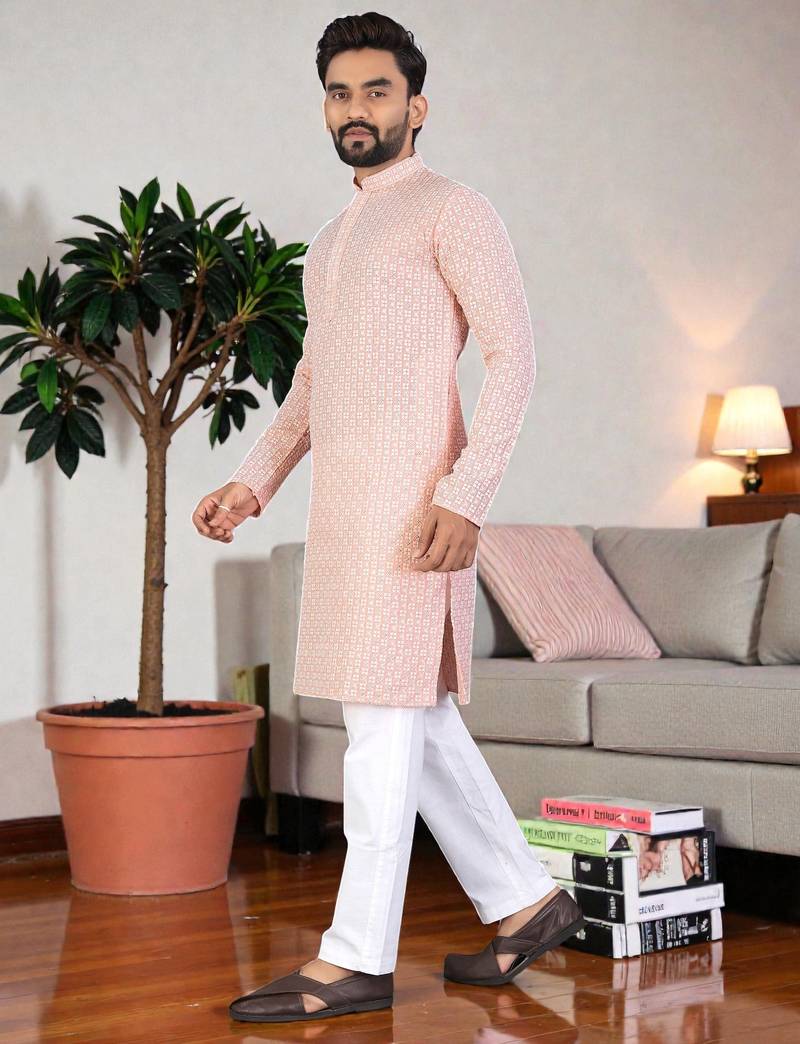 peach chikankari embroidered men's  rayon kurta