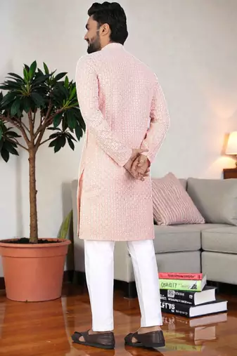 peach chikankari embroidered men's  rayon kurta