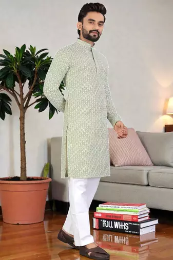 pistaa chikankari embroidered men's  rayon kurta