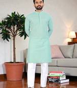 sea green chikankari embroidered men's  rayon kurta