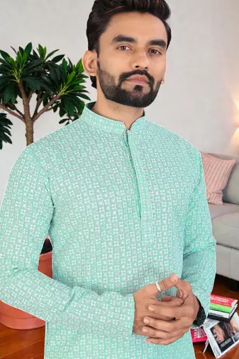 sea green chikankari embroidered men's  rayon kurta
