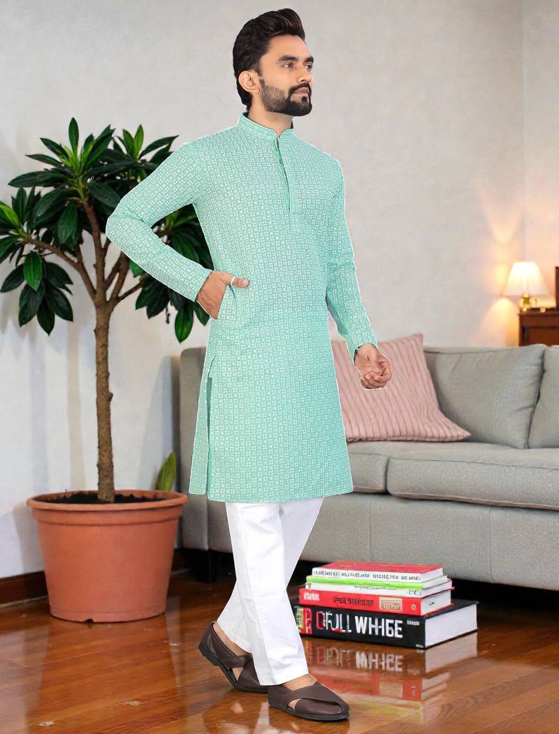sea green chikankari embroidered men's  rayon kurta