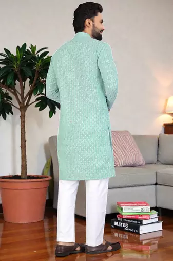 sea green chikankari embroidered men's  rayon kurta