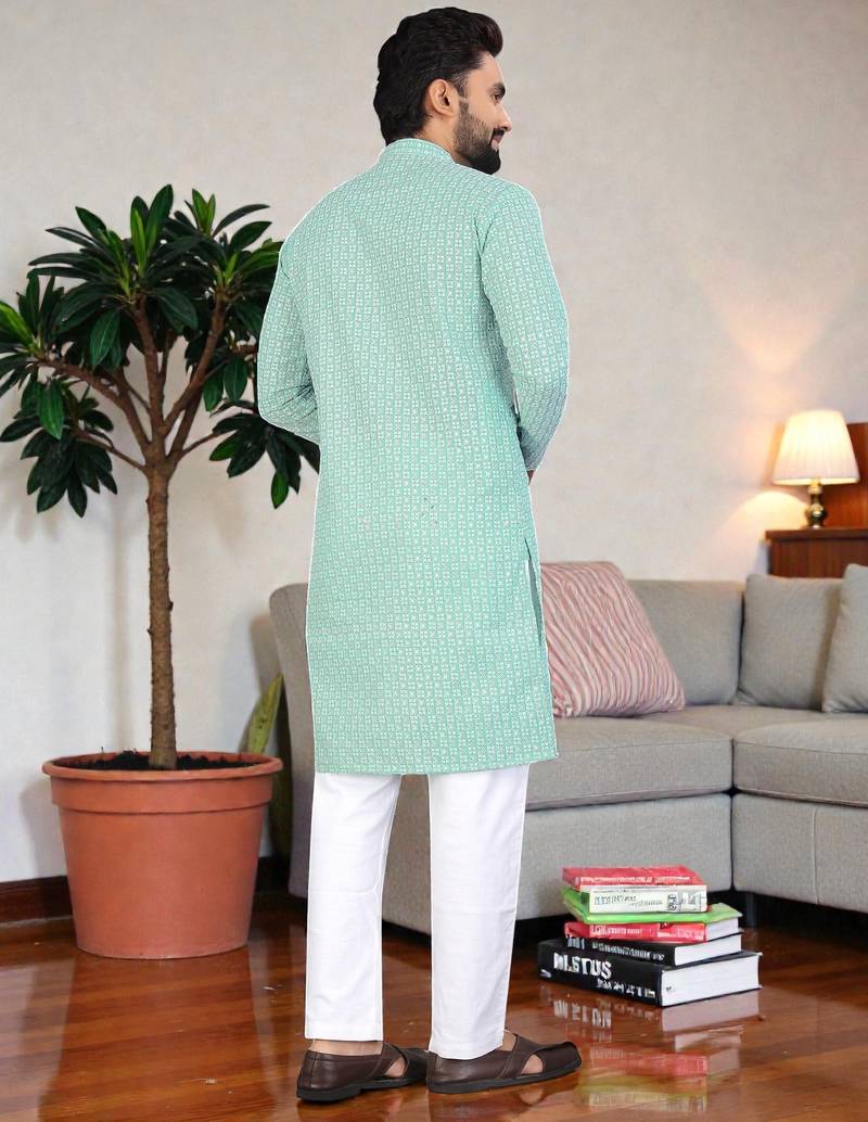 sea green chikankari embroidered men's  rayon kurta