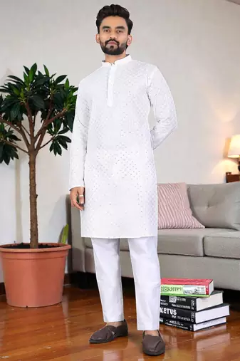 whitee chikankari embroidered men's  rayon kurta