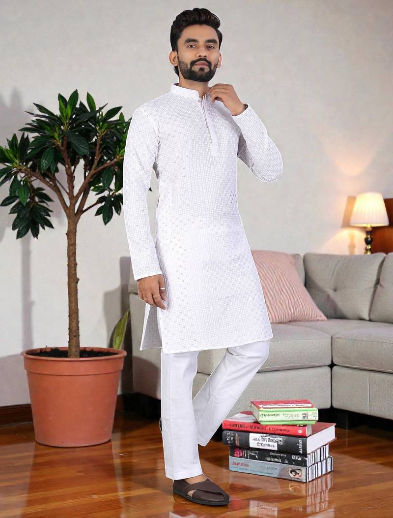whitee chikankari embroidered men's  rayon kurta
