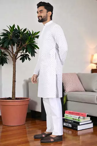 whitee chikankari embroidered men's  rayon kurta