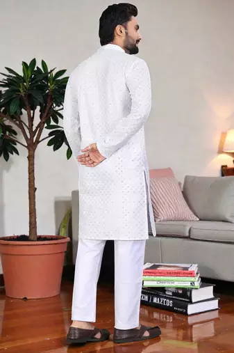 whitee chikankari embroidered men's  rayon kurta
