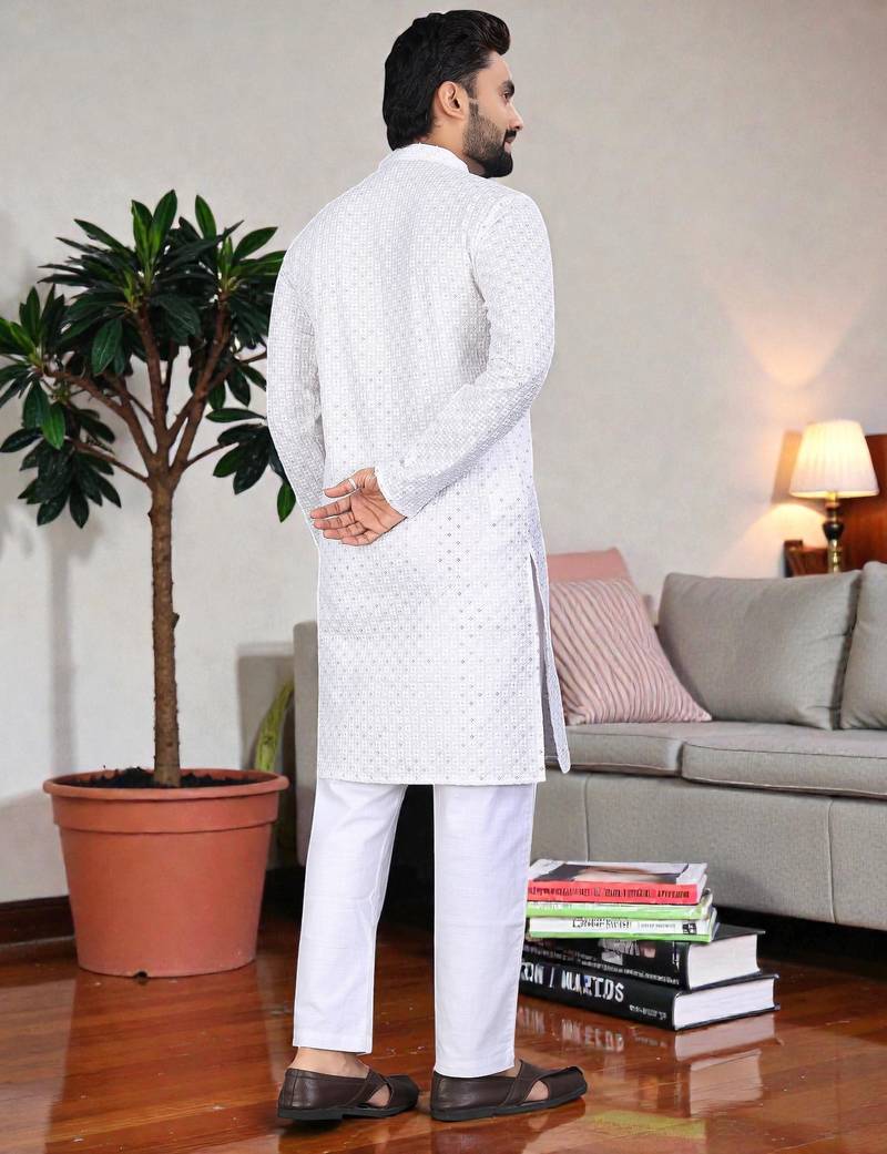 whitee chikankari embroidered men's  rayon kurta
