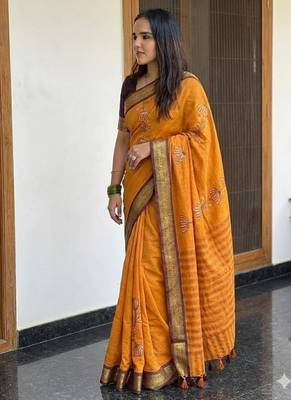 Orange blended cotton embroidered zari work saree with blouse 2