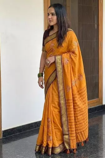 Orange blended cotton embroidered zari work saree with blouse